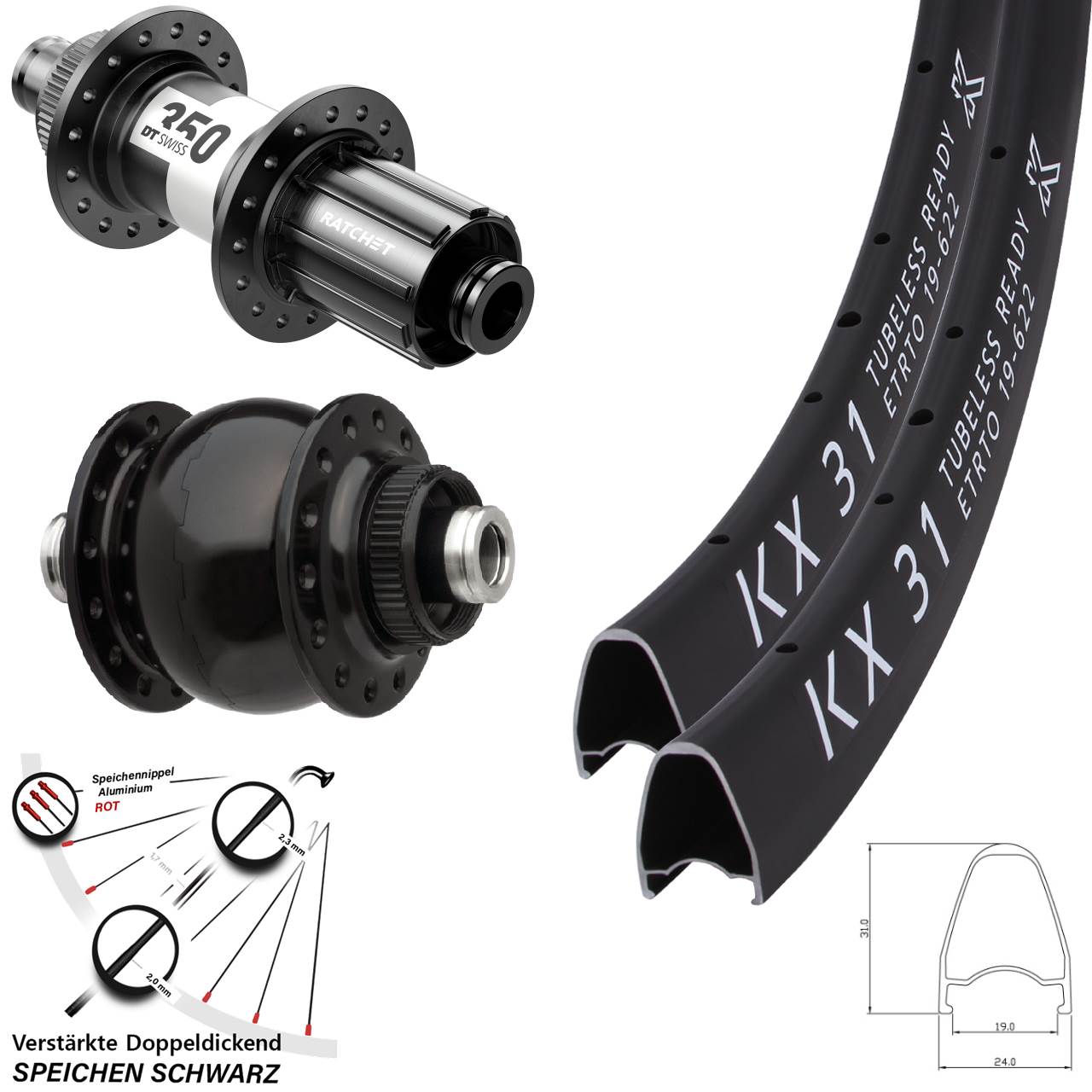 28 Zoll KX 31 DT Swiss 350 SON 28 Centerlock Laufradsatz 12x100/142 11-12 fach