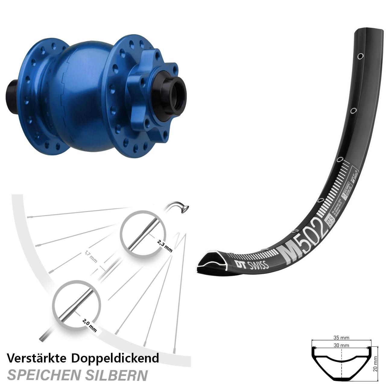6-Loch Dynamo-Vorderrad 29 Zoll DT Swiss M502 SON 28 blau 15x110 Boost
