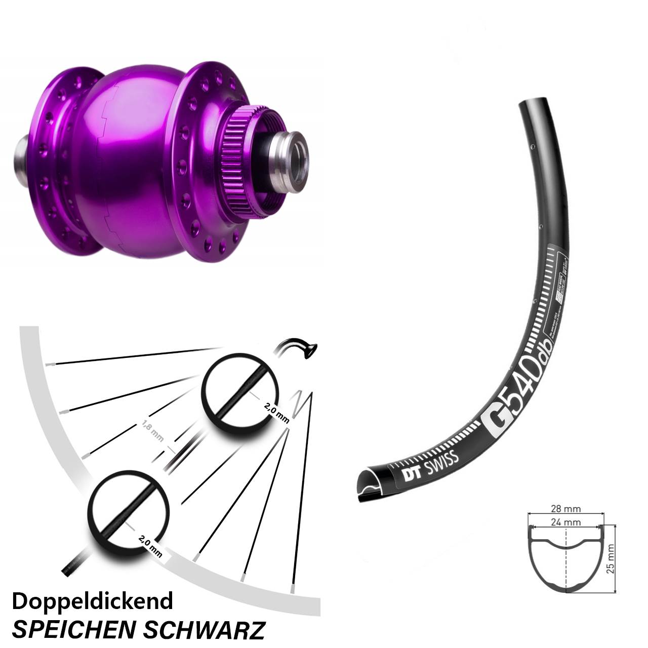 Vorderrad DT Swiss G540 Disc SON 28 Zoll 12x100 Centerlock violett