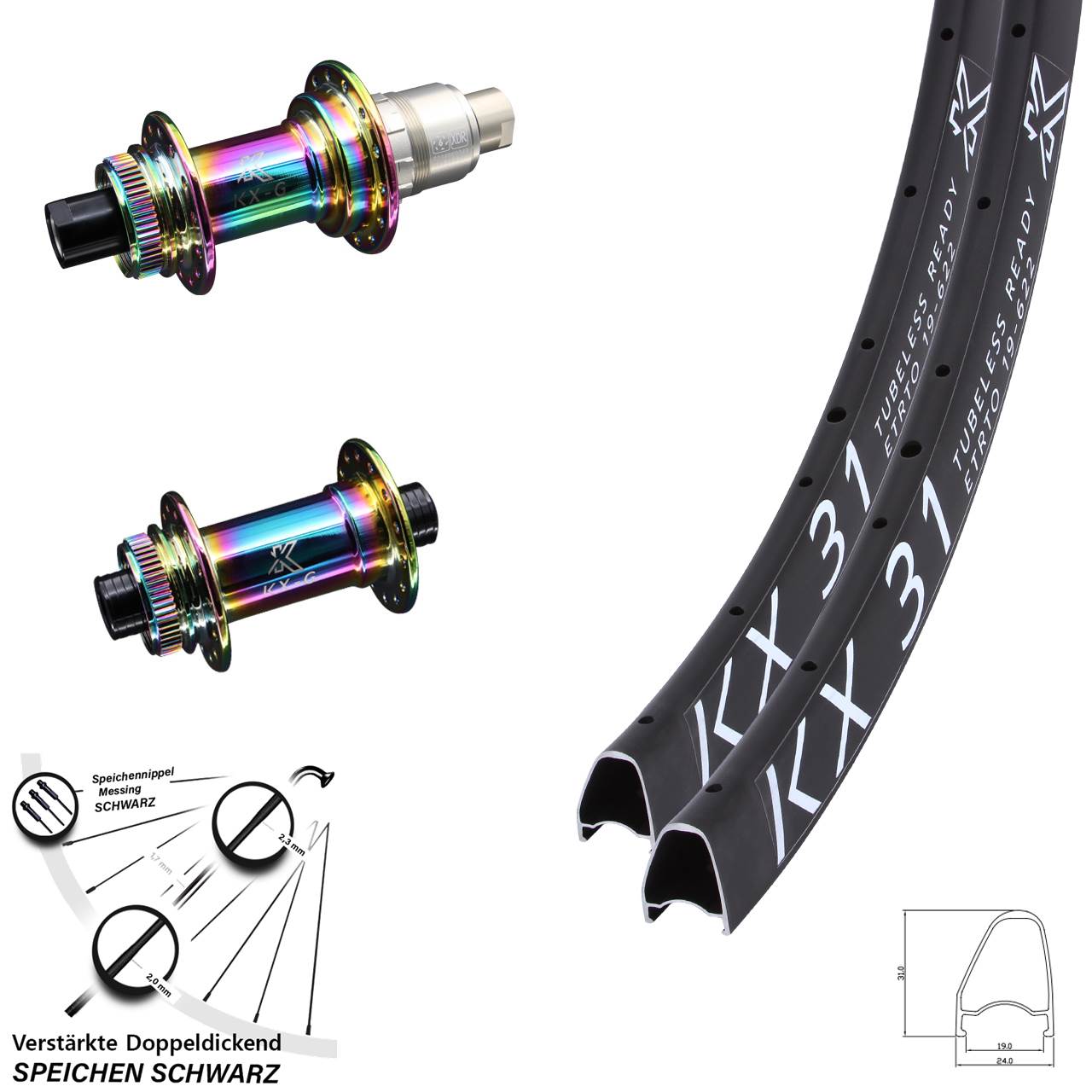 28 Zoll KX-G 31 Offset Oilslick Disc Laufrad-Satz 12x100/142 SRAM XDR