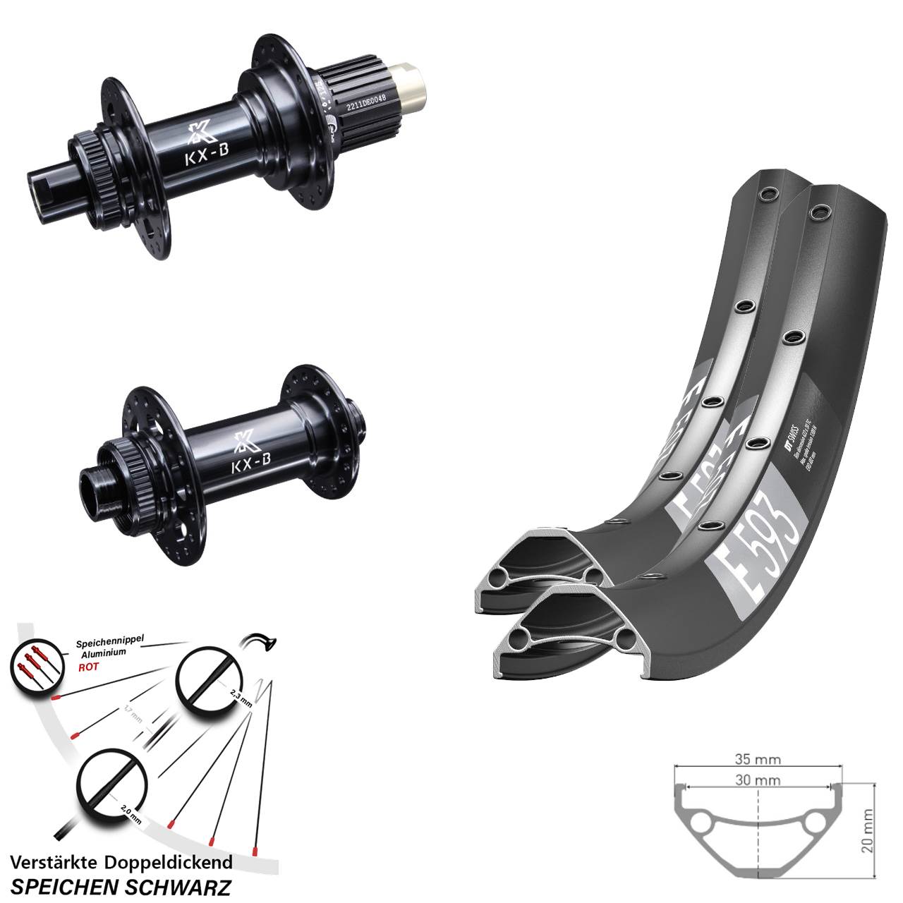 29 Zoll DT Swiss E593 KX-B Disc Laufrad-Satz 15x110 12x148 Micro Spline