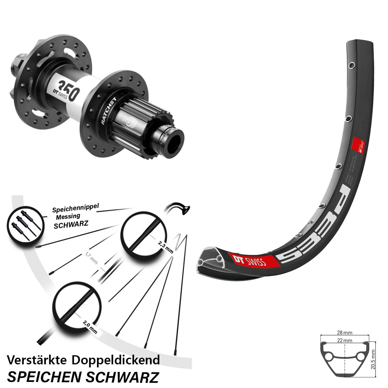 DT Swiss 533d-350 Ratchet 36 28 Zoll Hinterrad 12x148 Boost 6-Loch Shimano Micro Spline