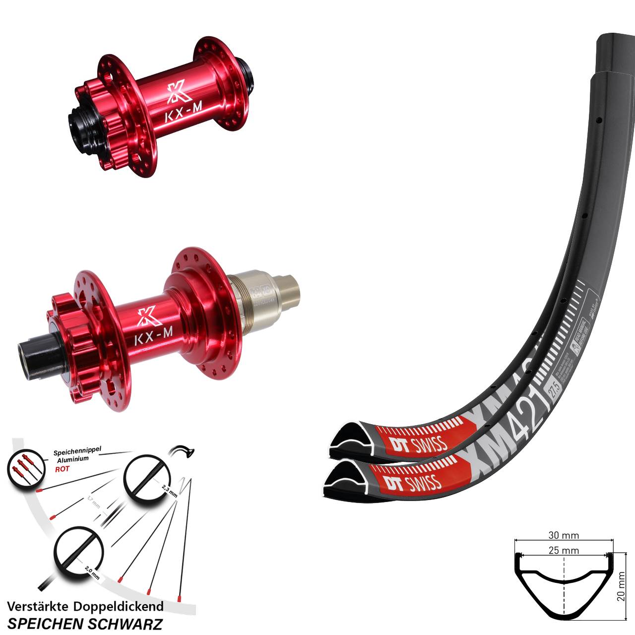 Laufradsatz 6-Loch 12x100/142 27,5 Zoll DT Swiss XM 421 KX-M rot XD