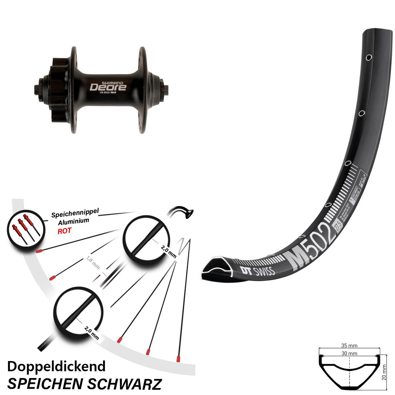 DT Swiss M502 Shimano Deore 29 Zoll 6-Loch Vorderrad für Schnellspanner