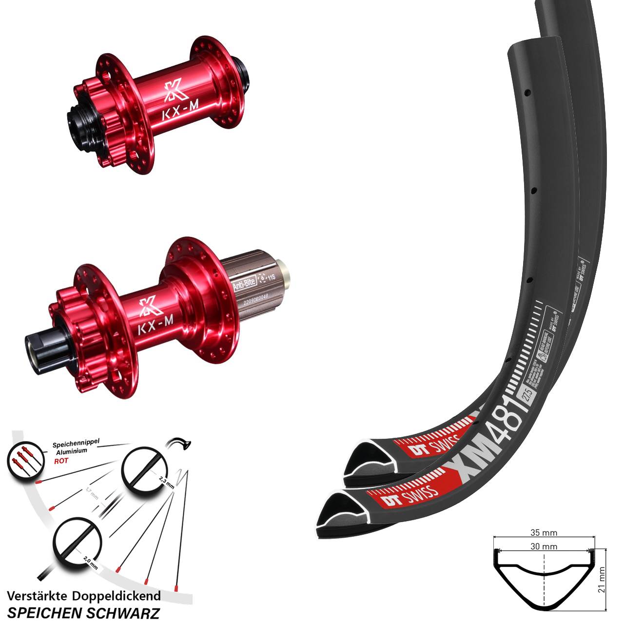Laufradsatz 6-Loch 27,5 Zoll DT Swiss XM 481 KX-M rot 8-12 fach 15x100 12x142