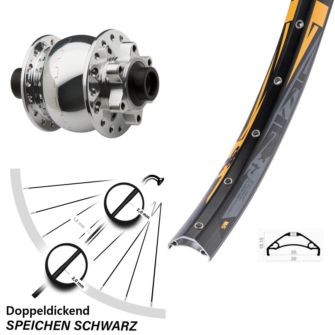 Disc Laufrad mit Nabendynamo 27,5 Zoll Rodi TRYP 35 SON 28 poliert 15x100