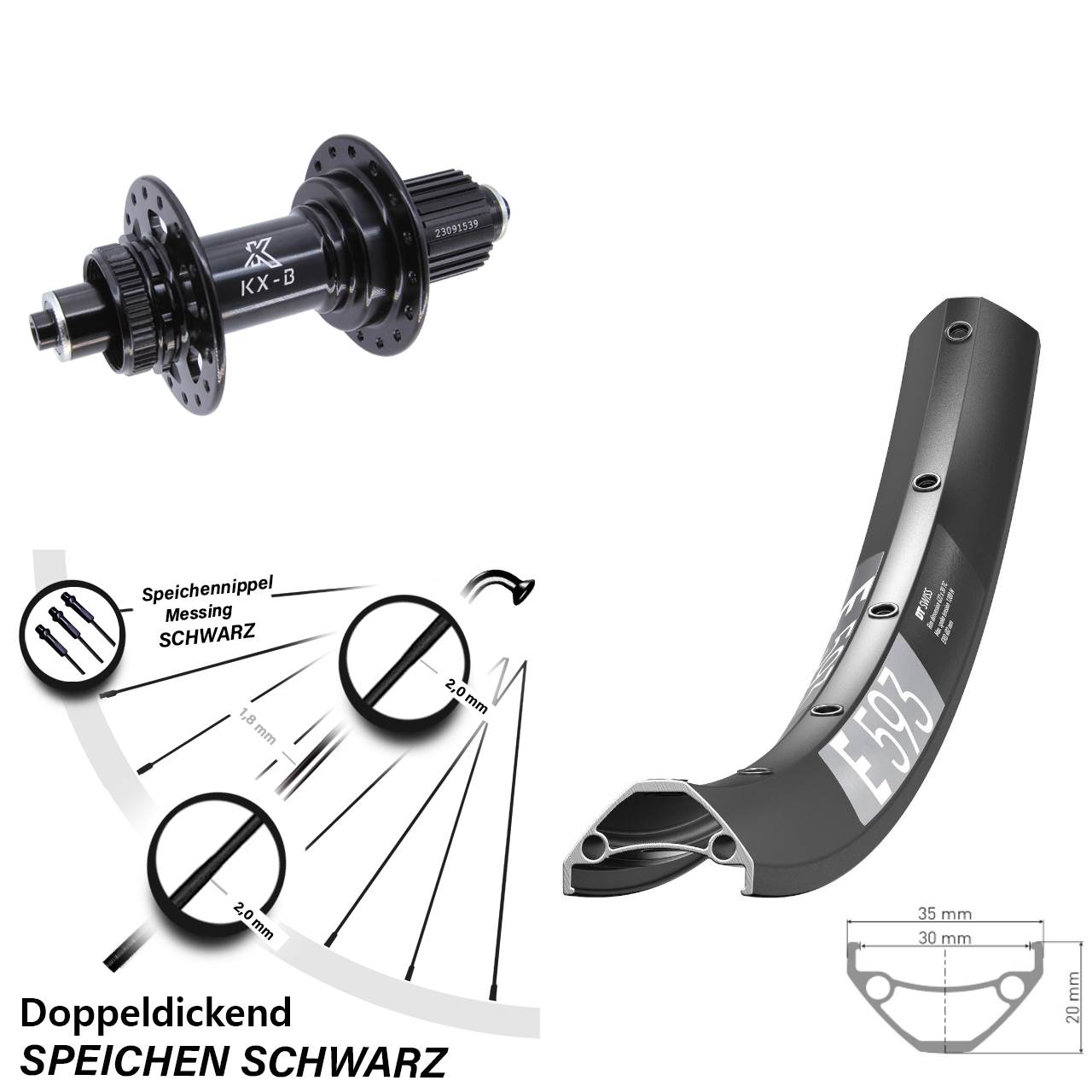 Laufrad 29 Zoll DT Swiss E 593 Disc KX-B Centerlock 5x141 Boost Micro Spline