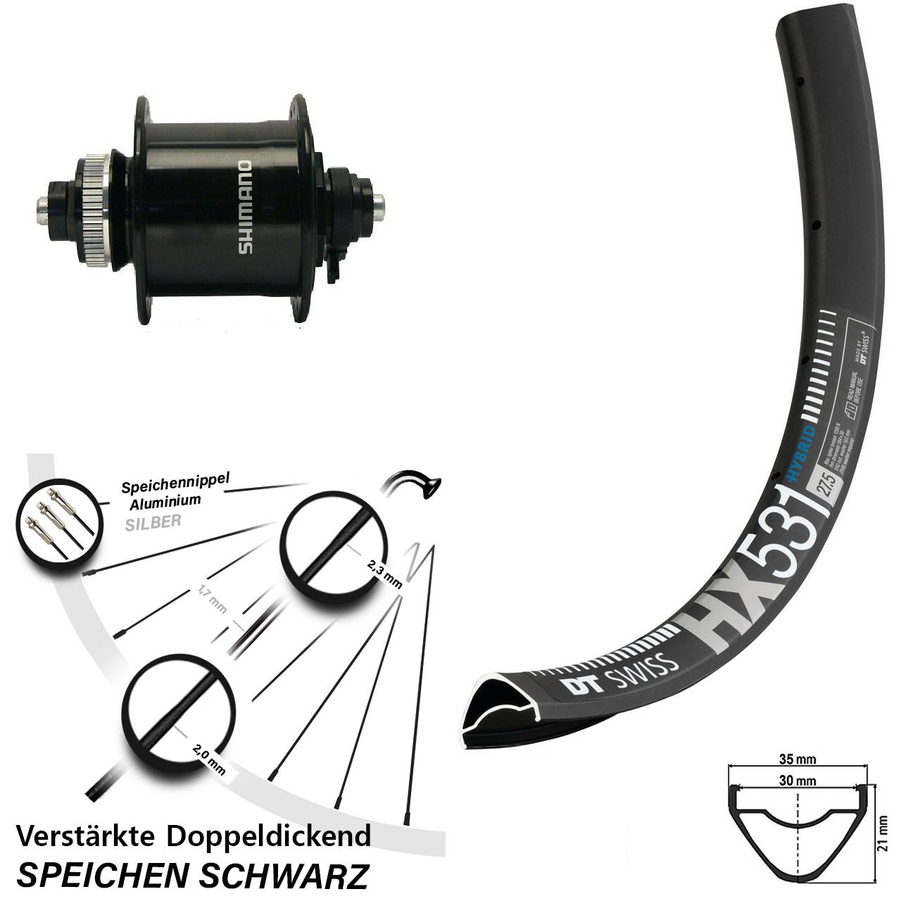 DT Swiss HX531 Shimano DH-UR700-3D 29 Zoll Disc Vorderrad mit Nabendynamo QR