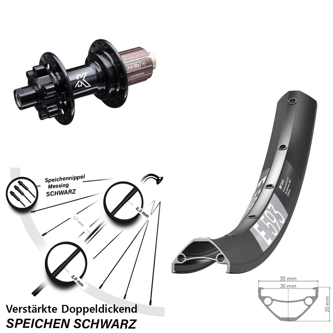 29 Zoll DT Swiss E 593 KX-M Shimano Anti-Bite Disc Hinterrad 12x142 8-12 fach