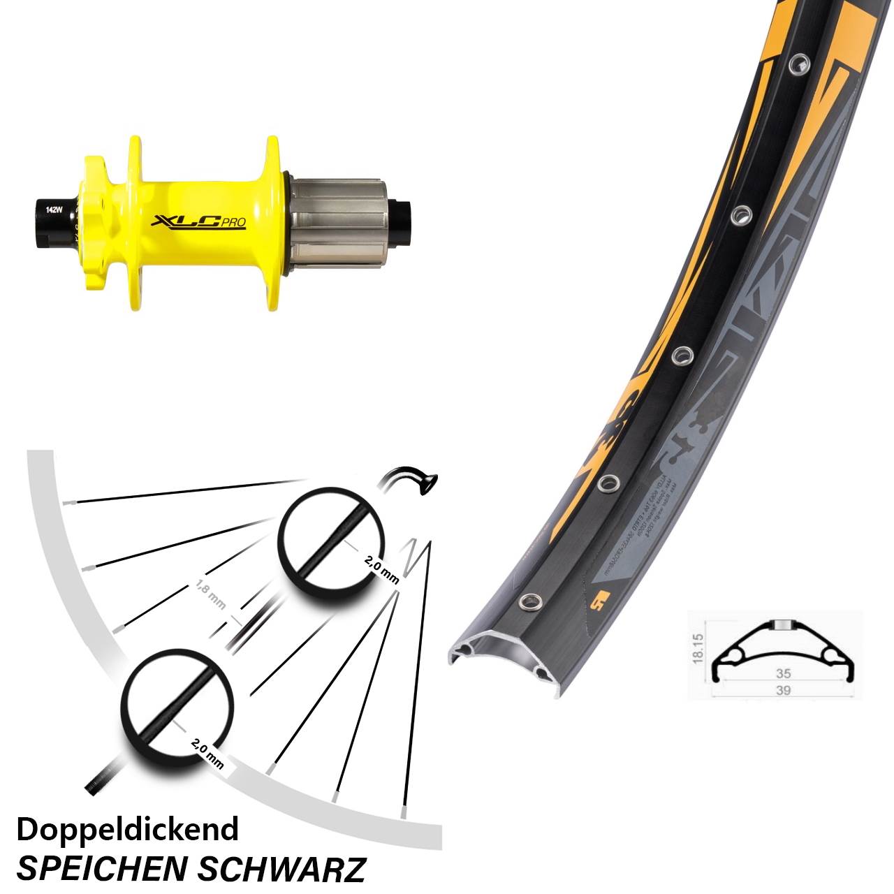 Rodi TRYP 35 XLC gelb 6-Loch 27,5 Zoll Hinterrad 12x142 8-11 fach
