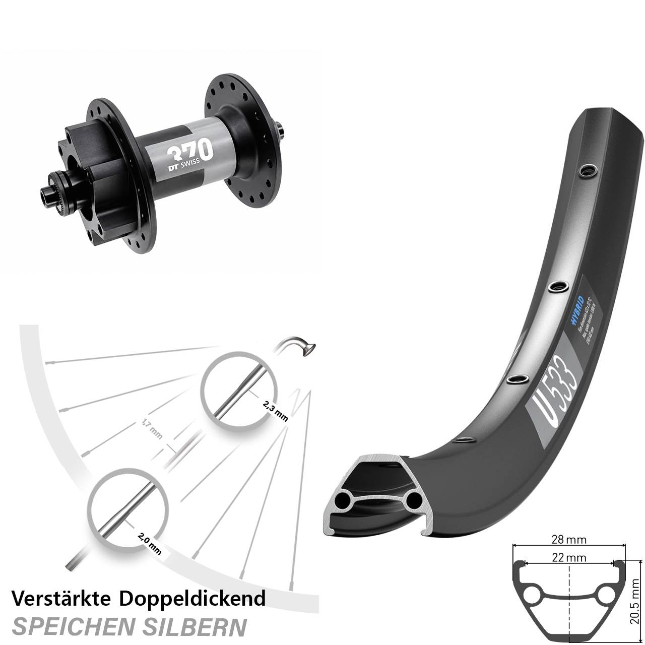 Vorderrad 28-29 Zoll DT Swiss U 533-370 6-Loch QR
