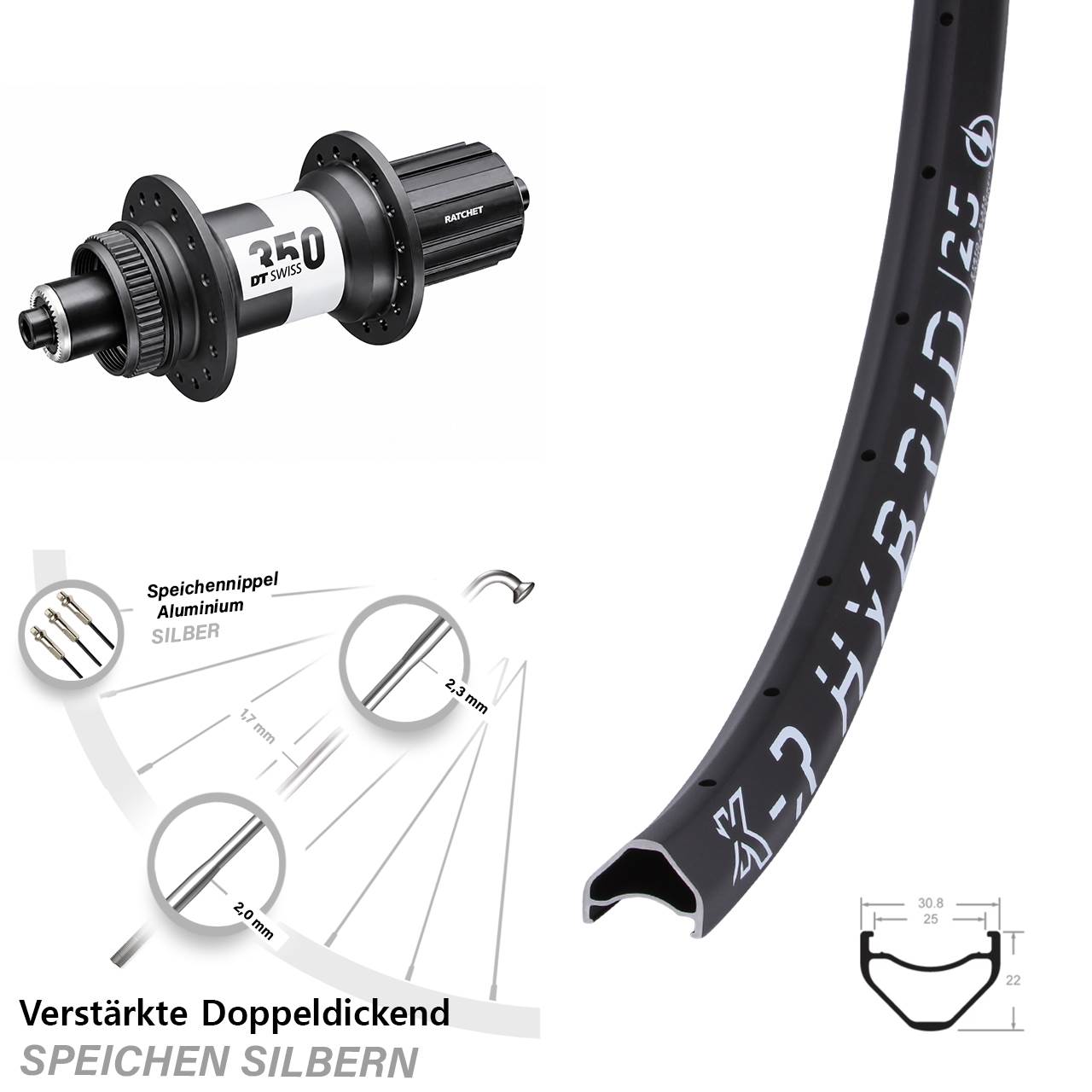 KX-R Hybrid 25 DT Swiss 350 Ratchet 36 28-29 Zoll Disc Laufrad QR 8-11 fach HG