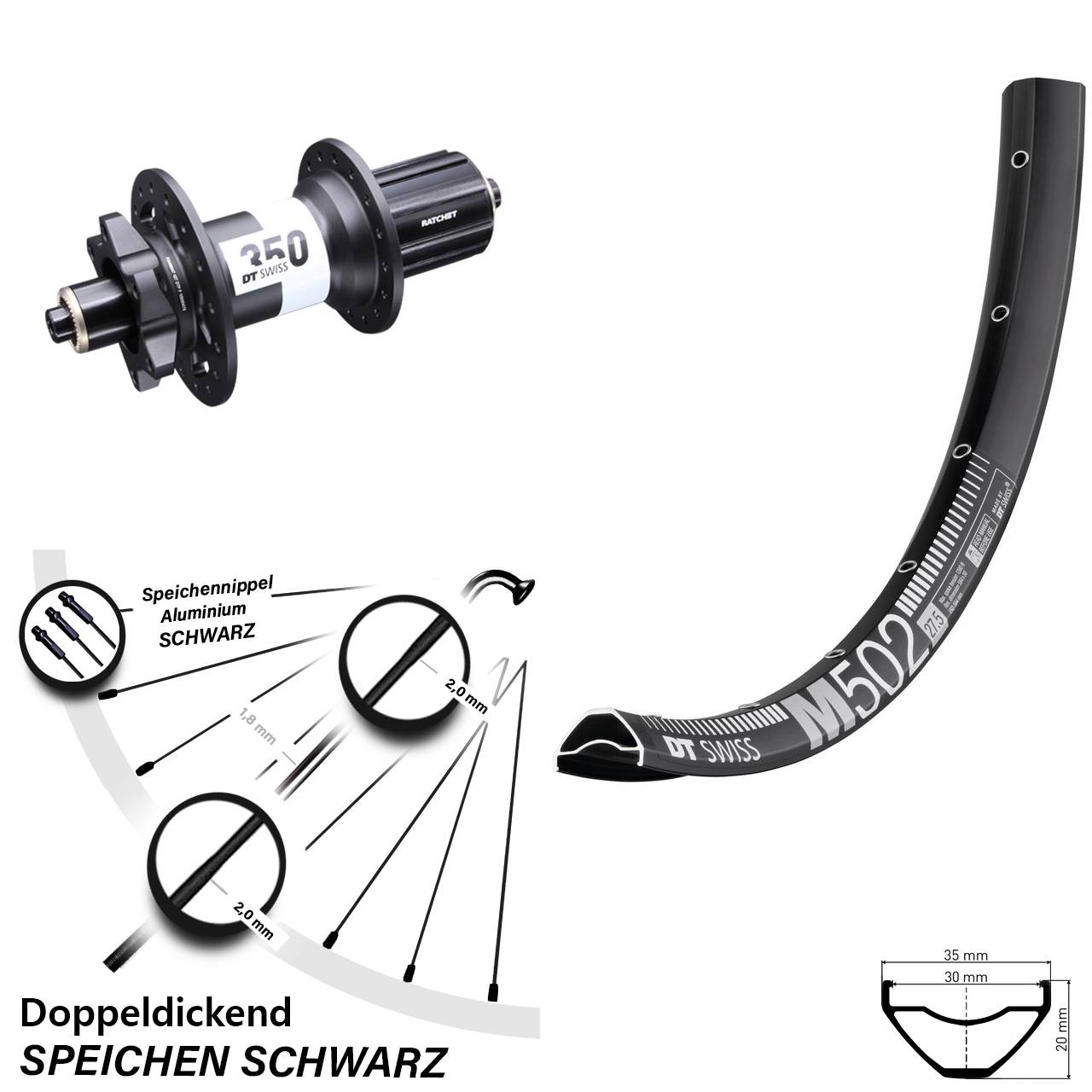 27,5 Zoll Hinterrad DT Swiss M502-350 6-Loch Boost QR 8-11 fach