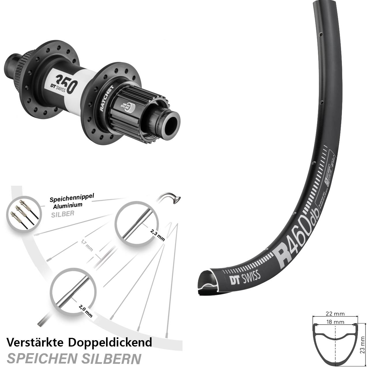Disc Hinterrad 28 Zoll DT Swiss R 460-350 Ratchet 36 Micro Spline 12x142