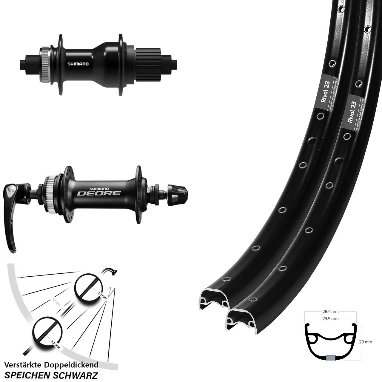 27,5 Zoll Ryde Rival 23 Shimano FH-QC500 Deore Disc Laufradsatz QR Micro Spline