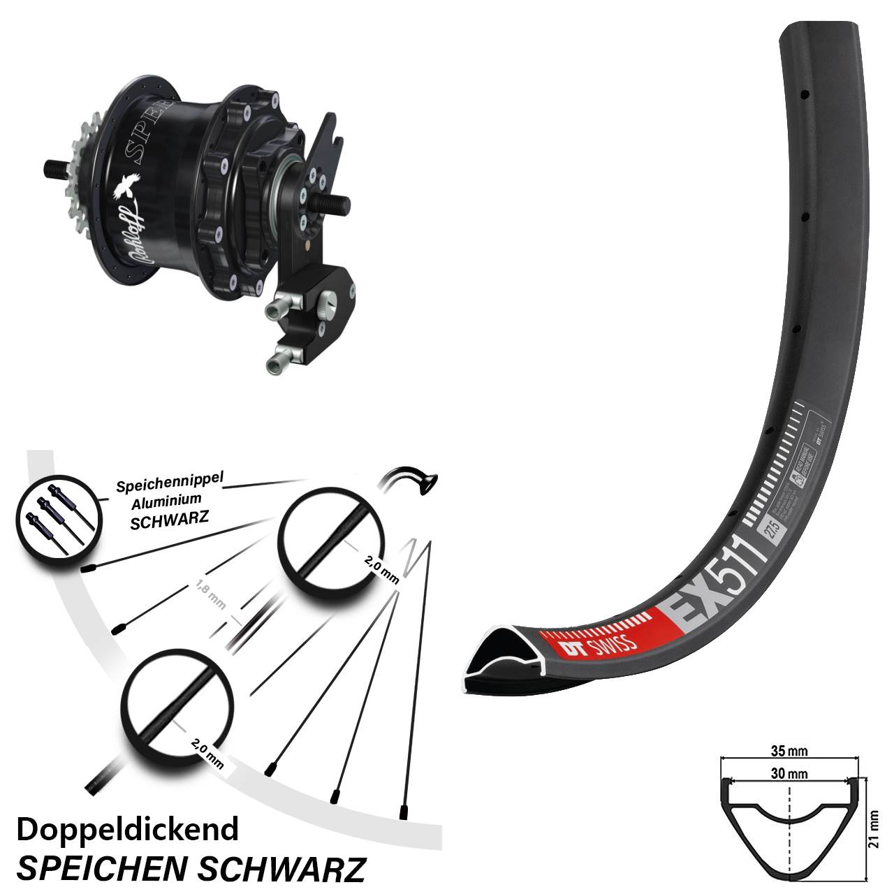 DT Swiss EX511 Rohloff TS DB OEM2 Tandem 27,5 Zoll Disc Hinterrrad