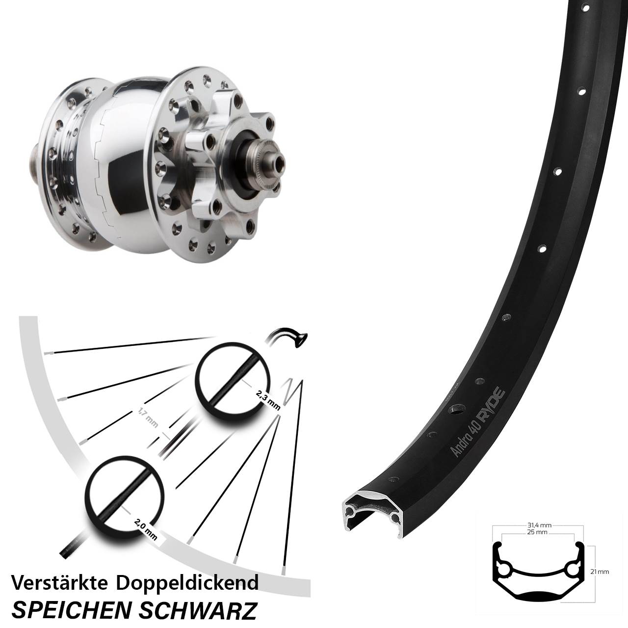 Nabendynamovorderrad 6-Loch SON 28 Zoll Ryde Andra 40 für Schnellspanner