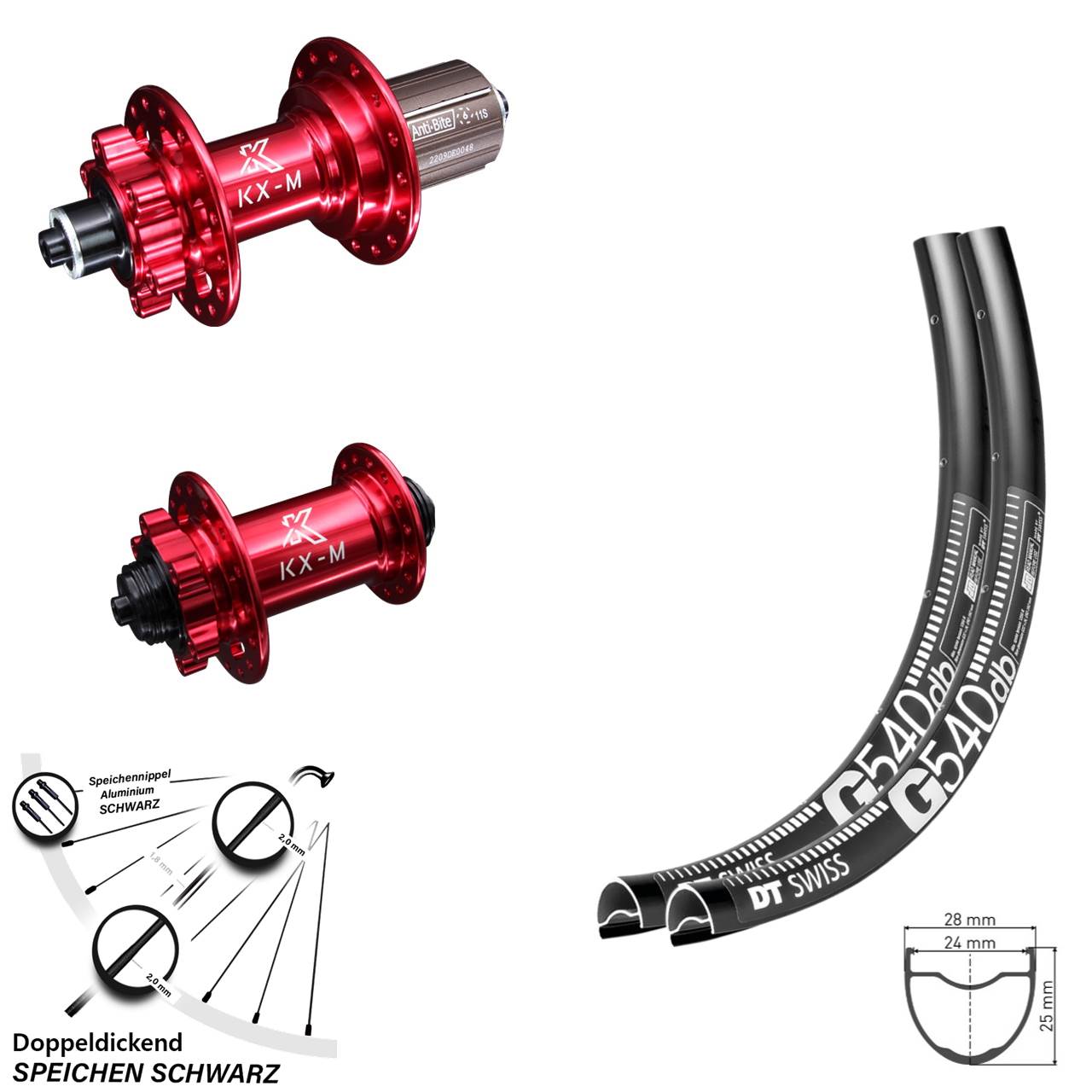 Laufradsatz DT Swiss G 540 Gravel KX-M 6-loch rot eloxiert 100/135 mm