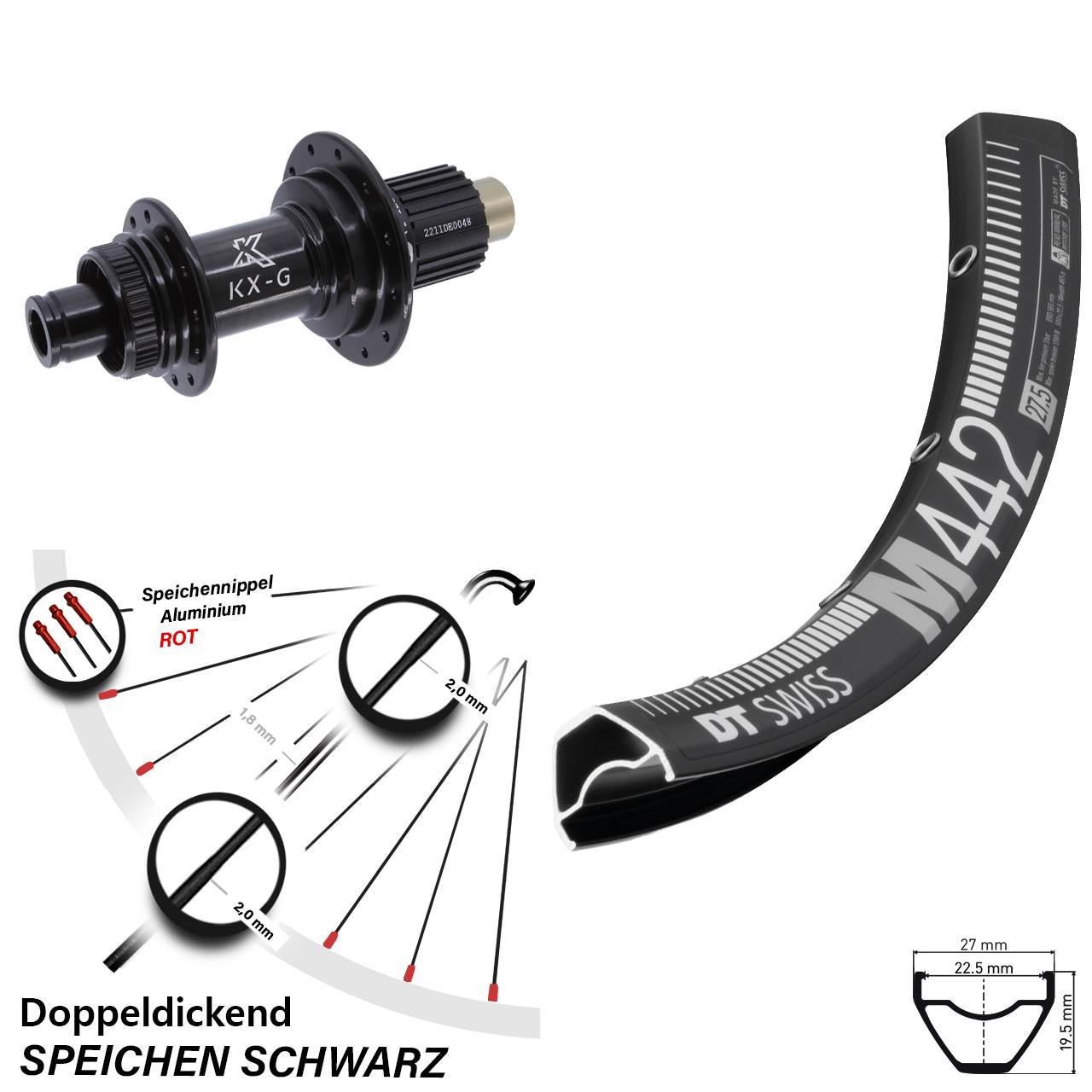 Centerlock Hinterrad 12x142 28 Zoll DT Swiss M 442 KX-G Steckachse Micro Spline