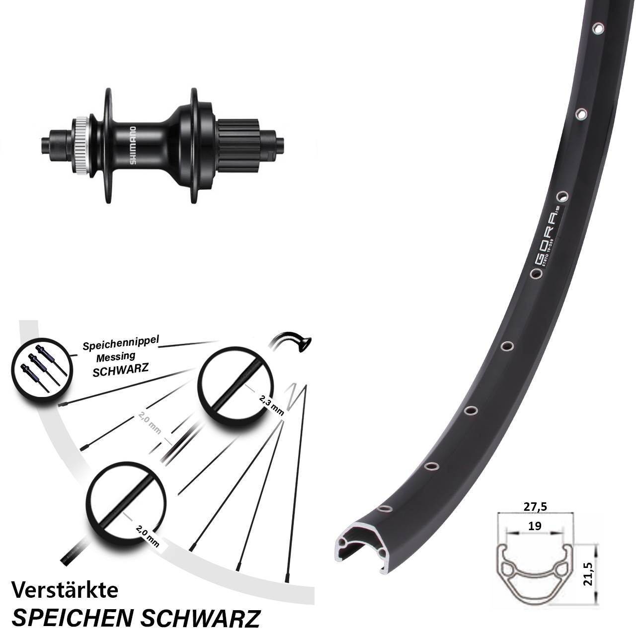 Gora 19 Shimano FH-MT500 26 Zoll Hinterrad Centerlock für Schnellspanner Micro Spline