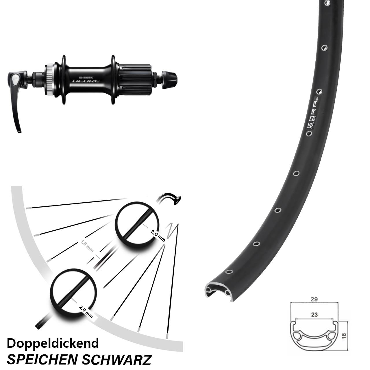 Centerlock Hinterrad 28-29 Zoll Gora 23 Shimano Deore 8-11 fach für Schnellspanner
