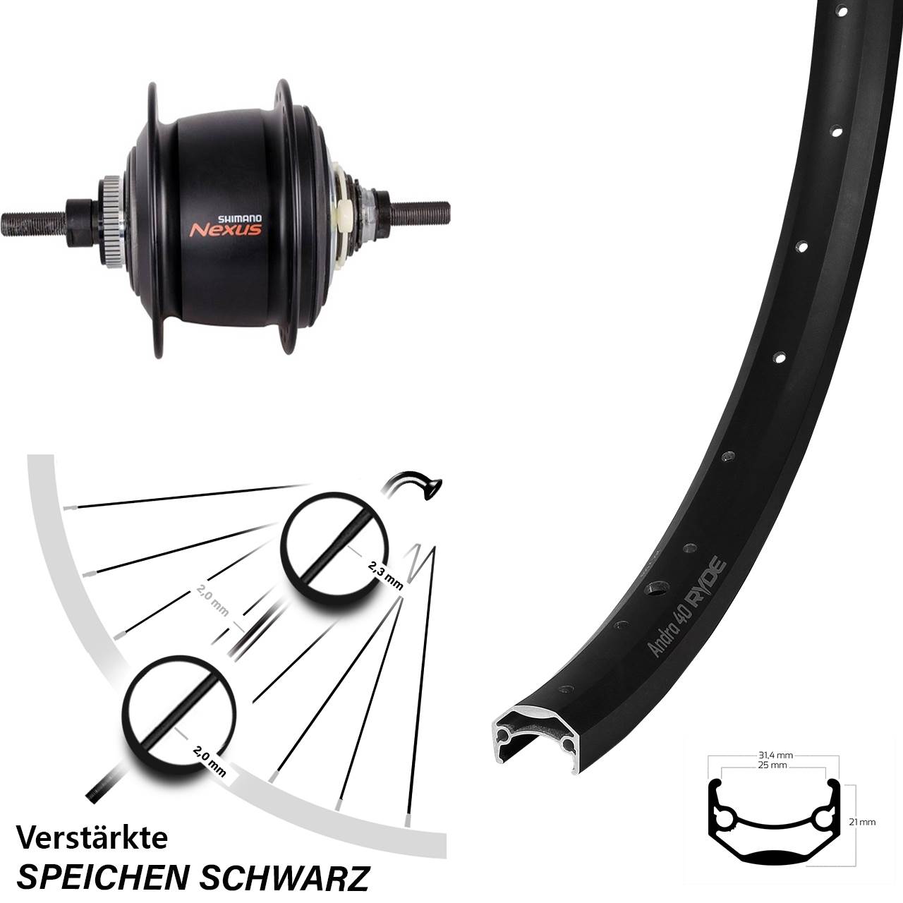 Ryde Andra 40 27,5 Zoll Hinterrad Disc Shimano Nexus 8 Gang Centerlock