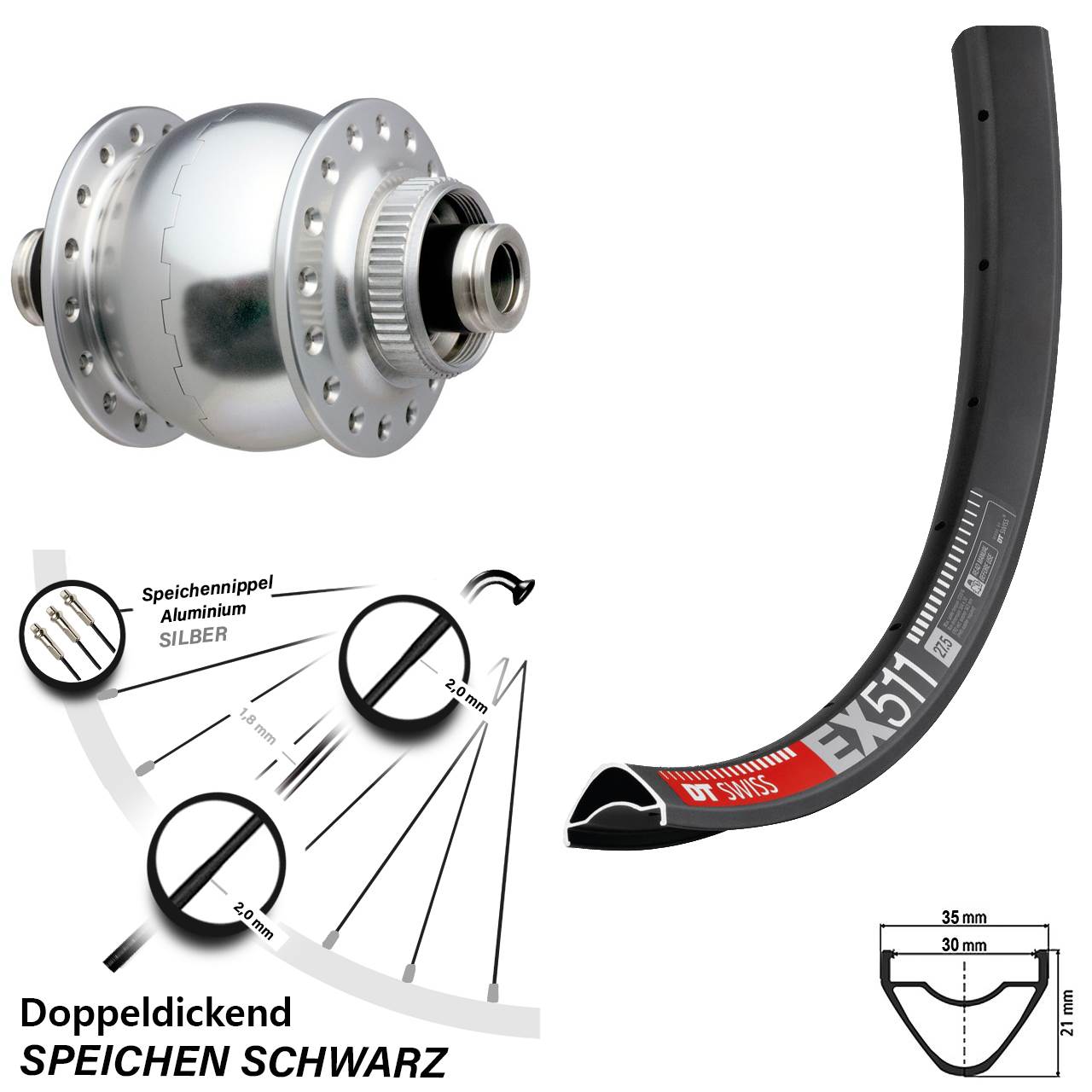 Nabendynamo-Vorderrad Centerlock 27,5 Zoll DT Swiss EX 511 SON 28 silbern 12x100