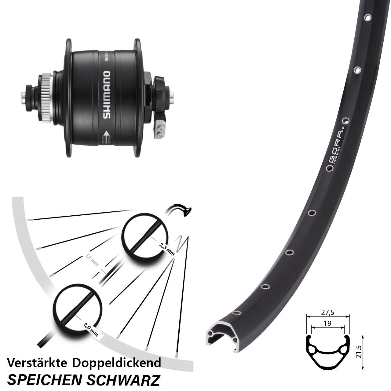 Nabendynamovorderrad Centerlock QR 28 Zoll Gora 19 Shimano DH-3D37-QR
