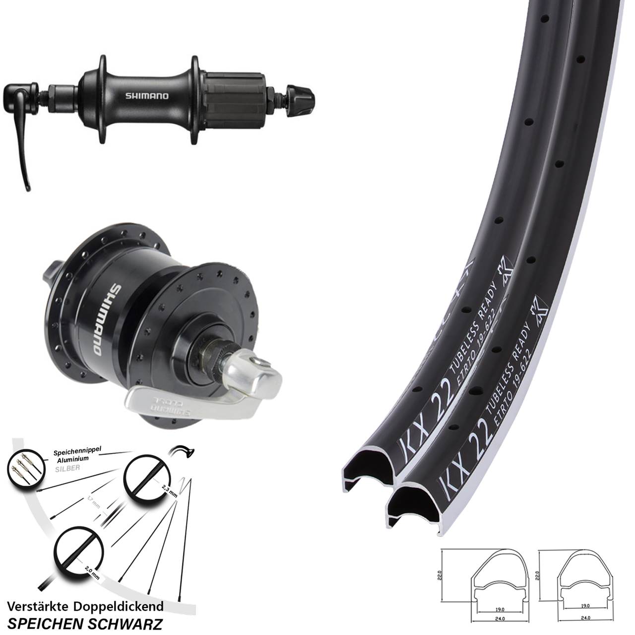 28 Zoll KX 22 Shimano DH-3N72 FH-T3000 Laufradsatz QR 8-11 fach HG