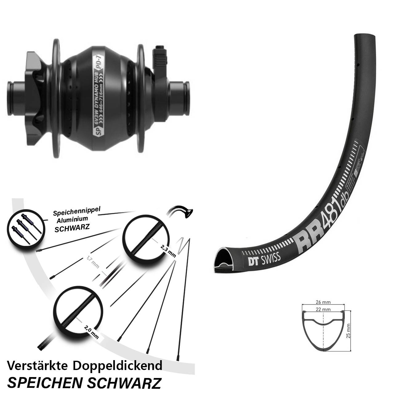 Nabendynamovorderrad 6-Loch 12x100 28 Zoll DT Swiss RR 481 Shutter PD-7