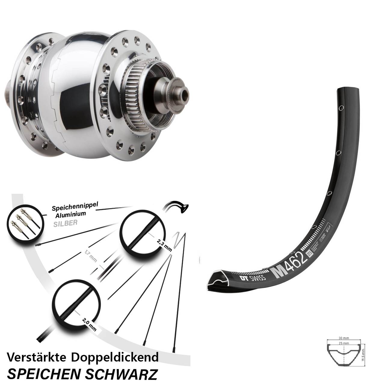 650B DT Swiss M 462 SON delux Nabendynamo-Vorderrad für Schnellspanner