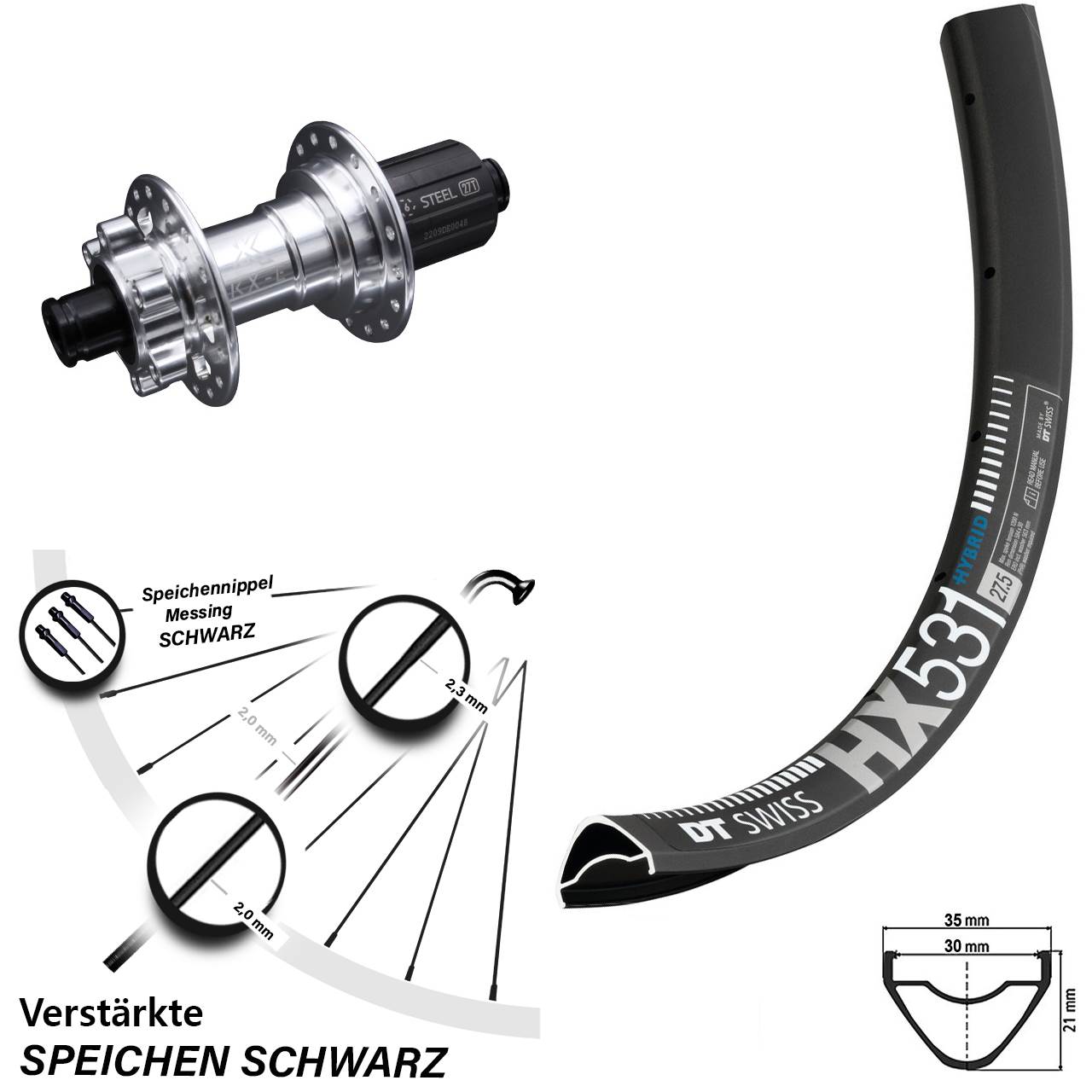 DT Swiss HX531 KX-E 29 Zoll Hinterrad 6-Loch 12x142 8-12 fach HG