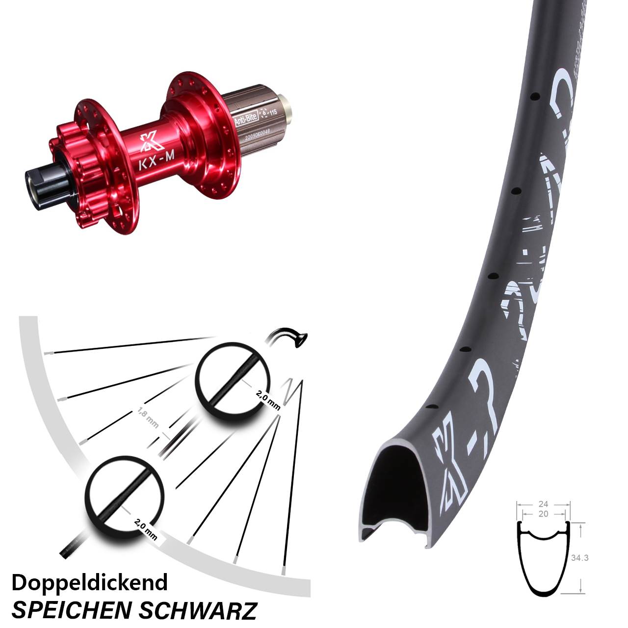 28-29 Zoll Hinterrad 12x142 mm rot eloxiert KX-R Road 11-fach Bikepacking