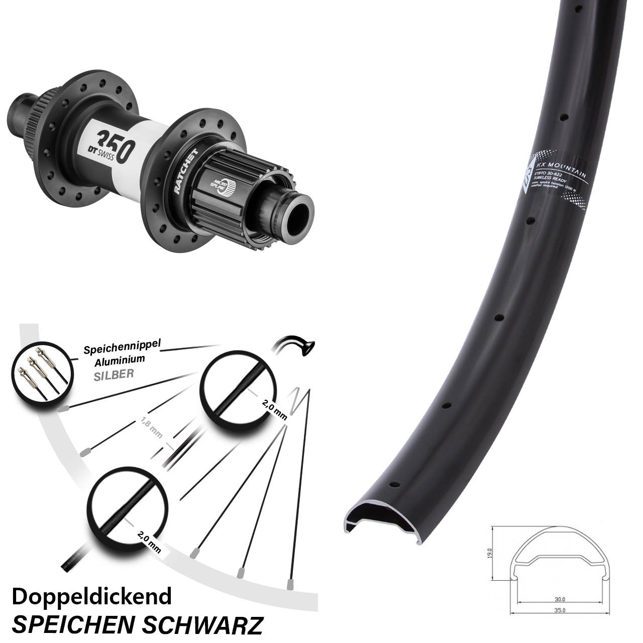 Hinterrad Centerlock 29 Zoll KX Mountain DT Swiss 350 Micro Spline 12x142
