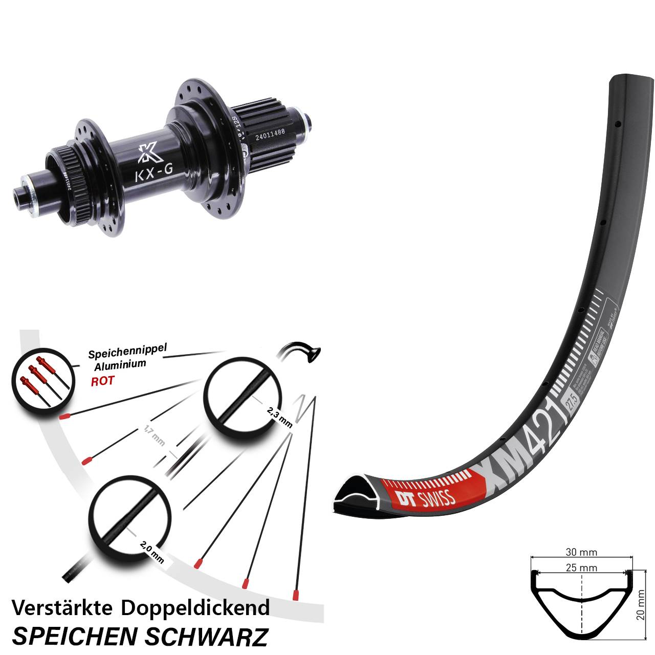 29 Zoll DT Swiss XM421 KX-G Centerlock Hinterrad für Schnellspanner Micro Spline