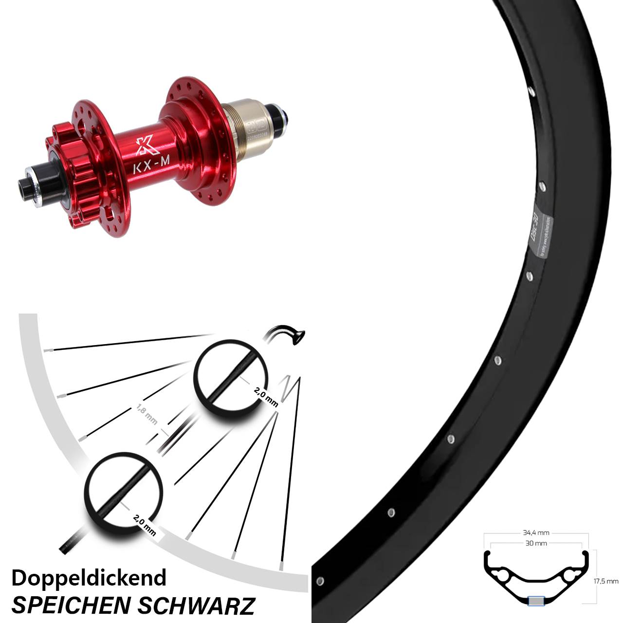 6-Loch Hinterrad für Schnellspanner 29 Zoll Ryde Disc 30 KX-M rot XD 11-12 fach