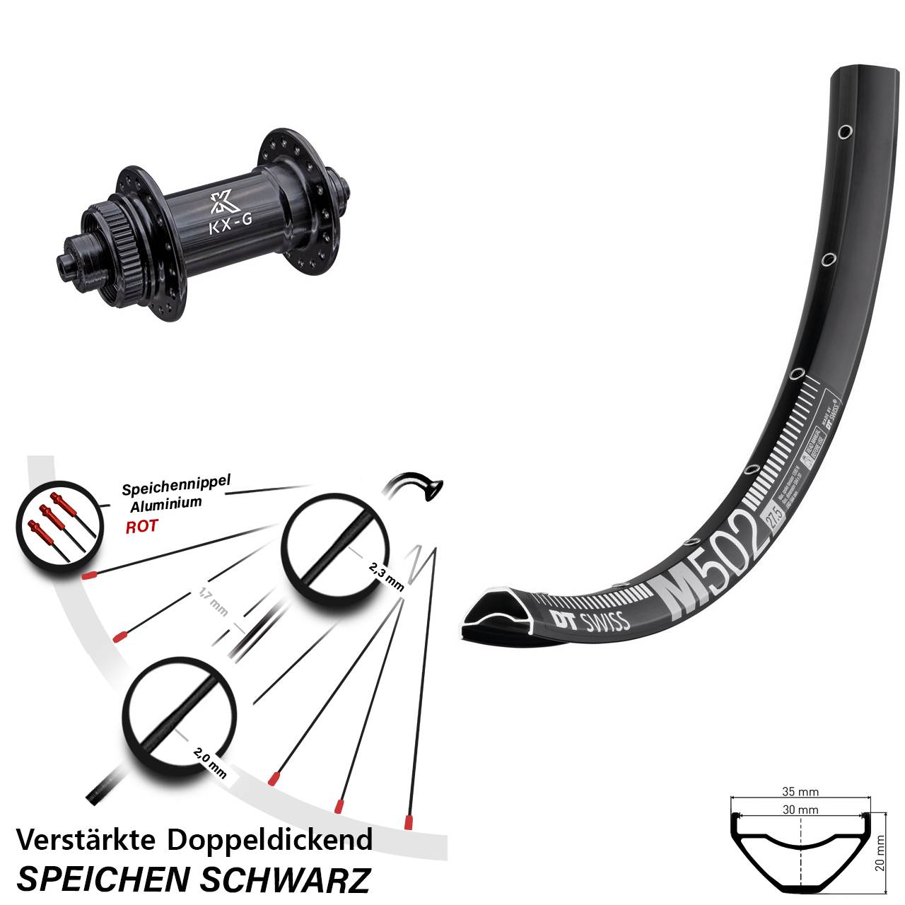 Centerlock Vorderrad 27,5 Zoll DT Swiss M502 KX-G für Schnellspanner