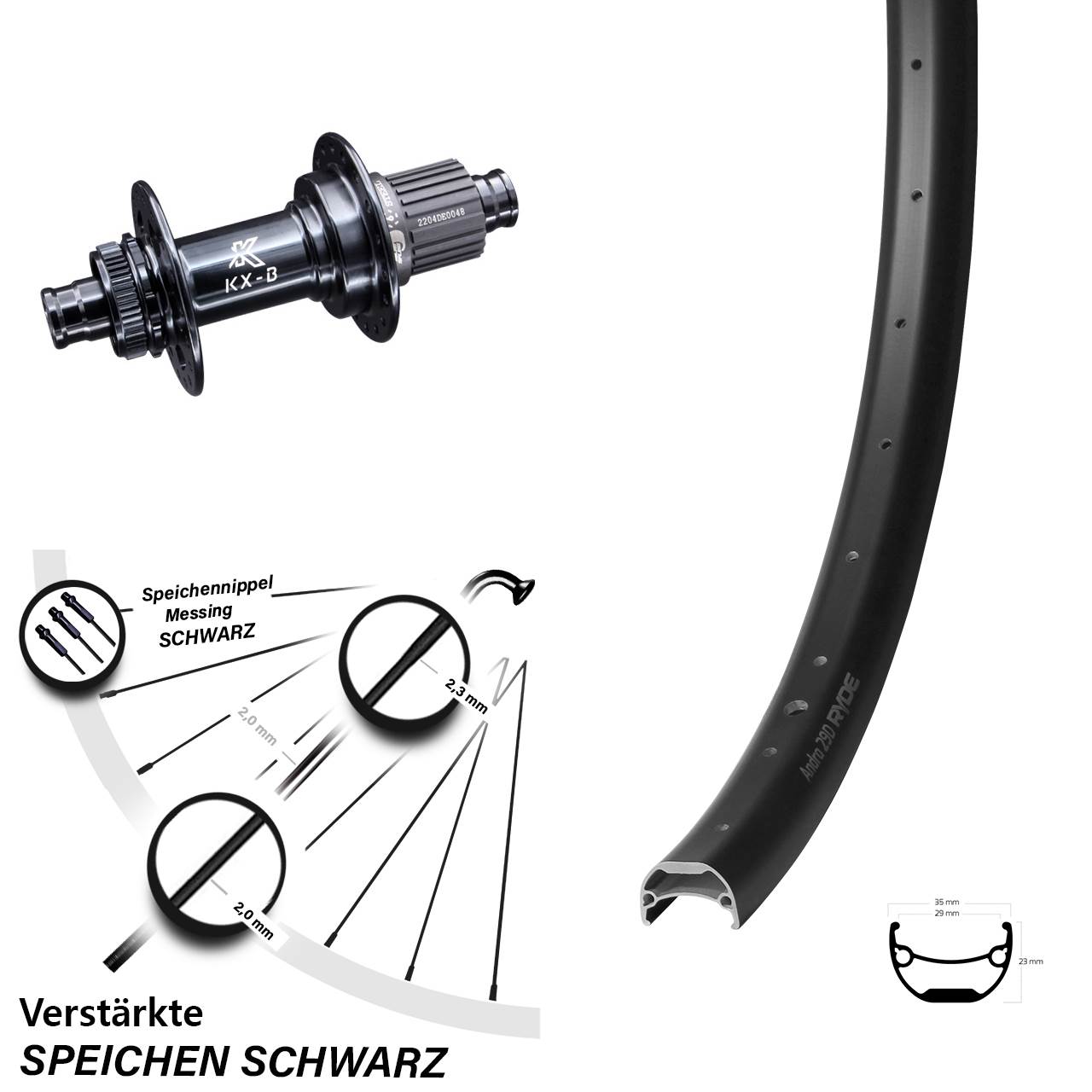 Ryde Andra 29 Zoll Hinterrad Centerlock KX-B Stahlachse Micro Spline 12x148