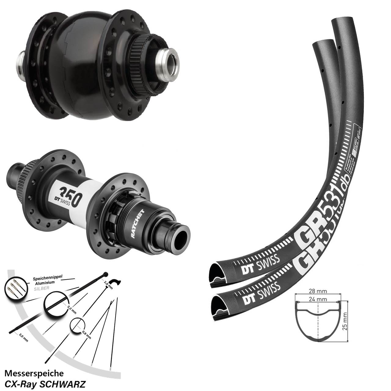 29 Zoll DT Swiss GR531-350 Road SONdelux Laufradsatz Centerlock 12x100/142 XDR CX-Ray