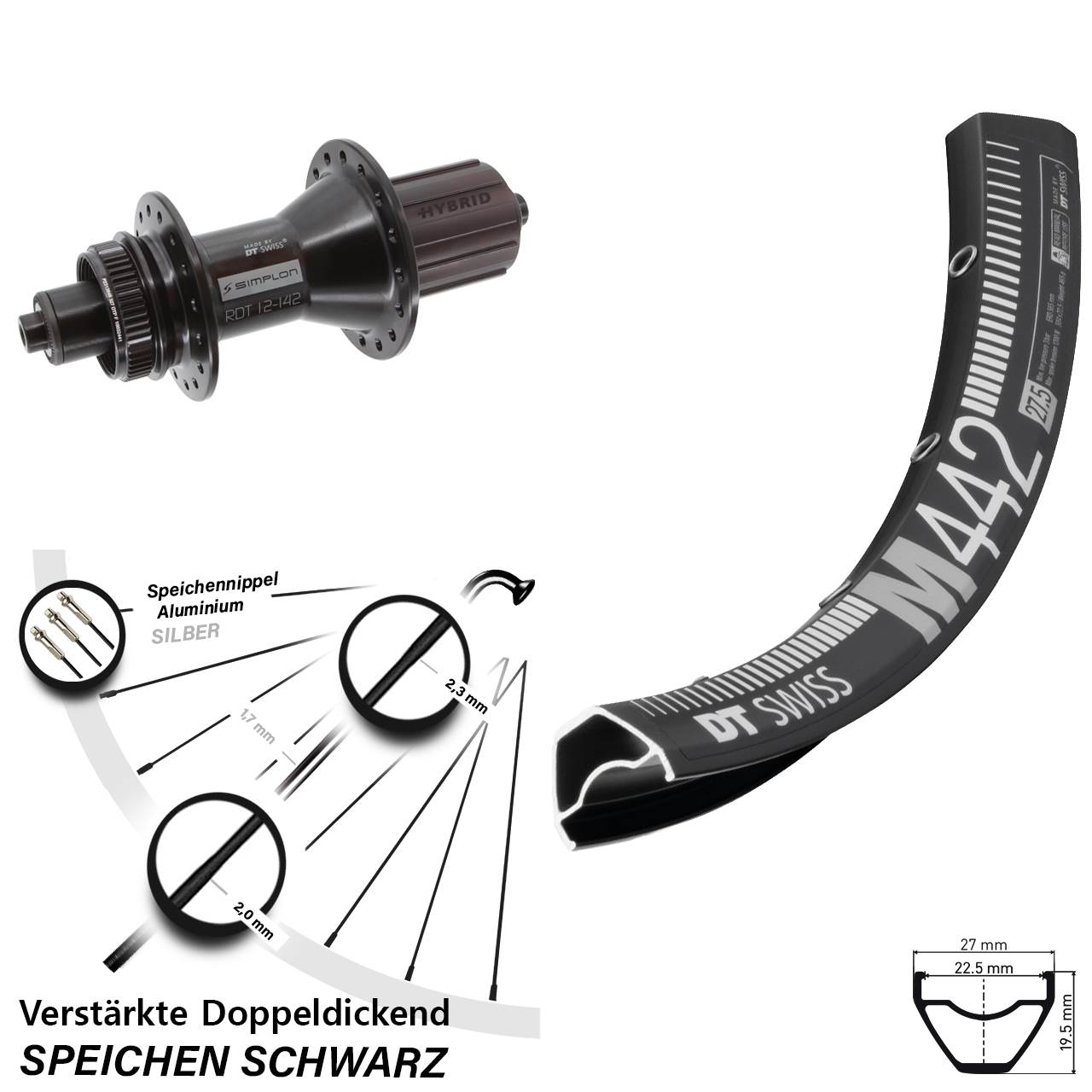 29 Zoll DT Swiss M442-370 Hybrid Disc Laufrad für Schnellspanner 8-11 fach