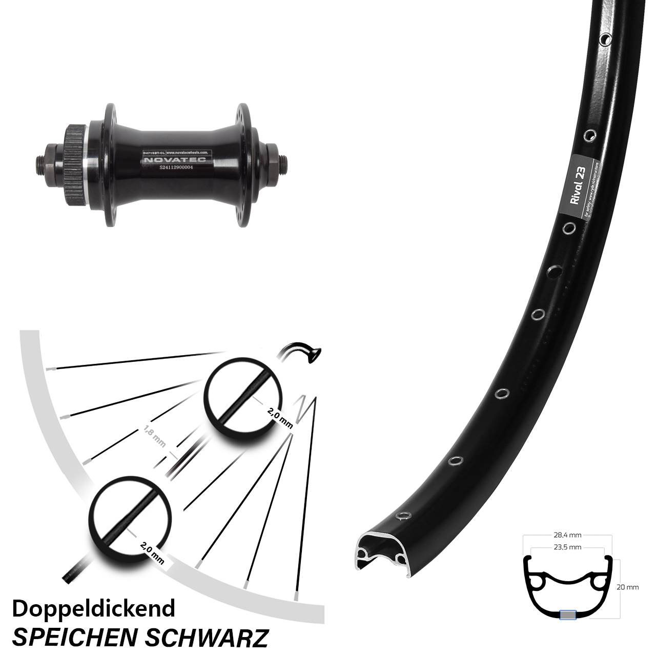 27,5 Zoll Ryde Rival 23 Novatec D471 Centerlock Vorderrad für Schnellspanner