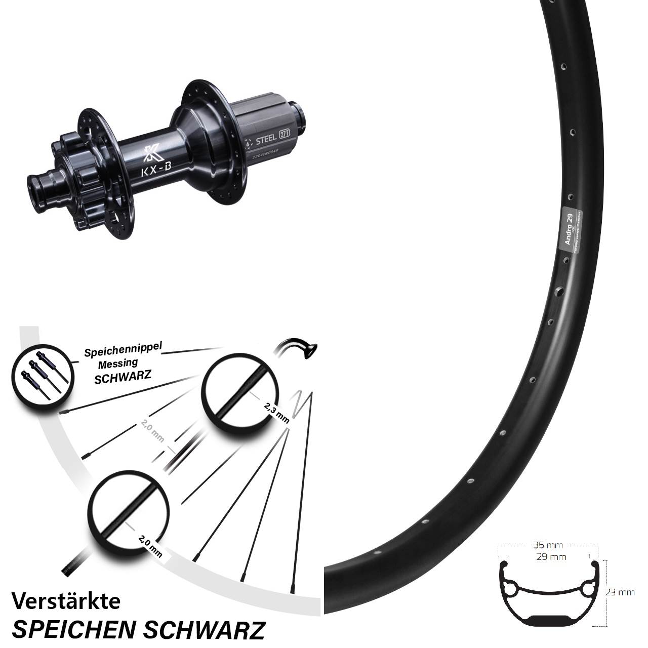 Ryde Andra 29 Zoll KX-B Stahl Freilauf Hinterrad 12x148 Boost 8-12 fach HG