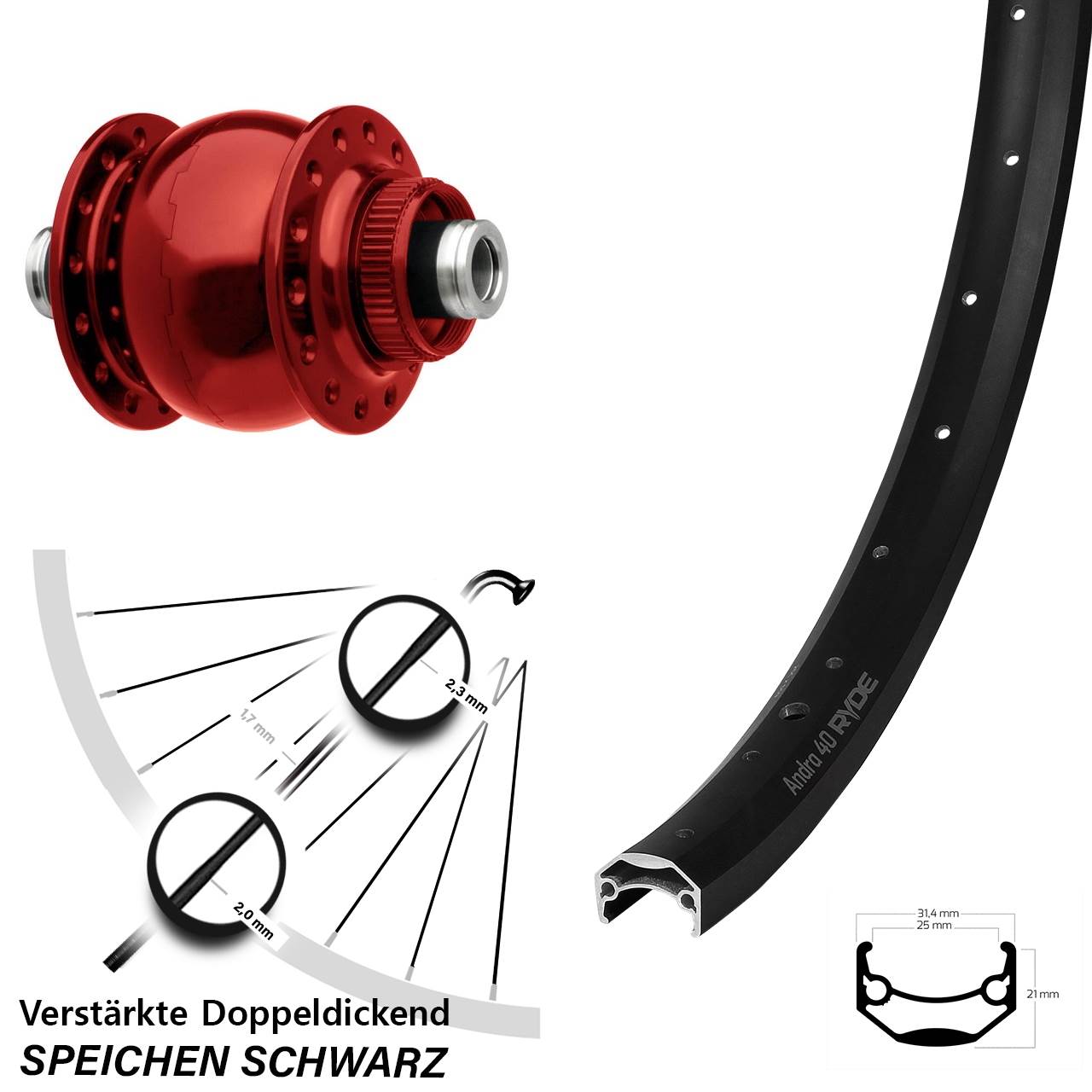 Centerlock Vorderrad mit Dynamo 20 Zoll Ryde Andra 40 SON 28 rot 12x100