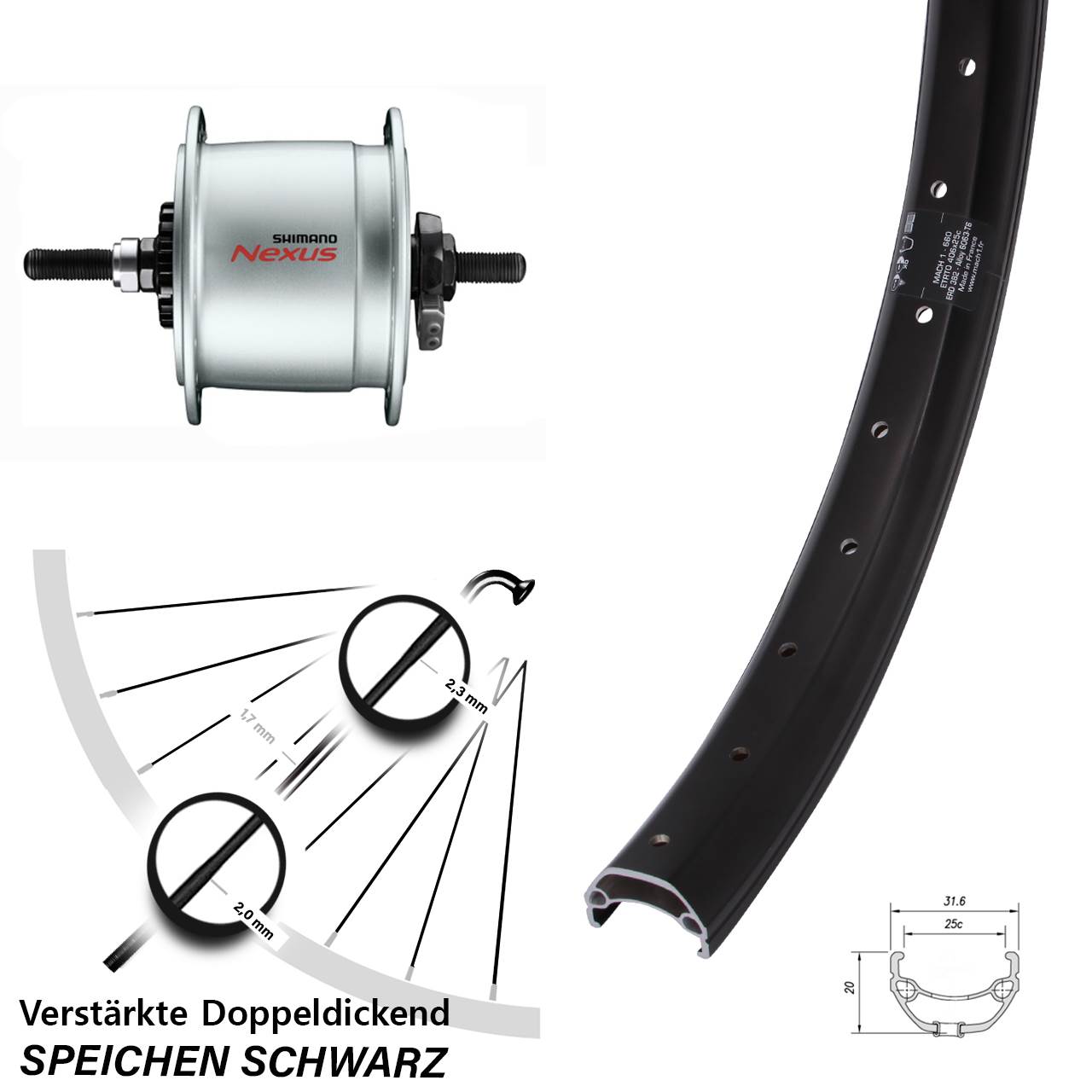 20 Zoll Vorderrad Mach1 Kargo Shimano Nexus DH-C6000-3R3 Vollachse