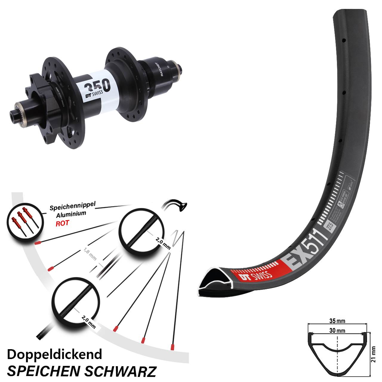 29 Zoll DT Swiss EX 511-350 6-Loch Hinterrad für Schnellspanner XD