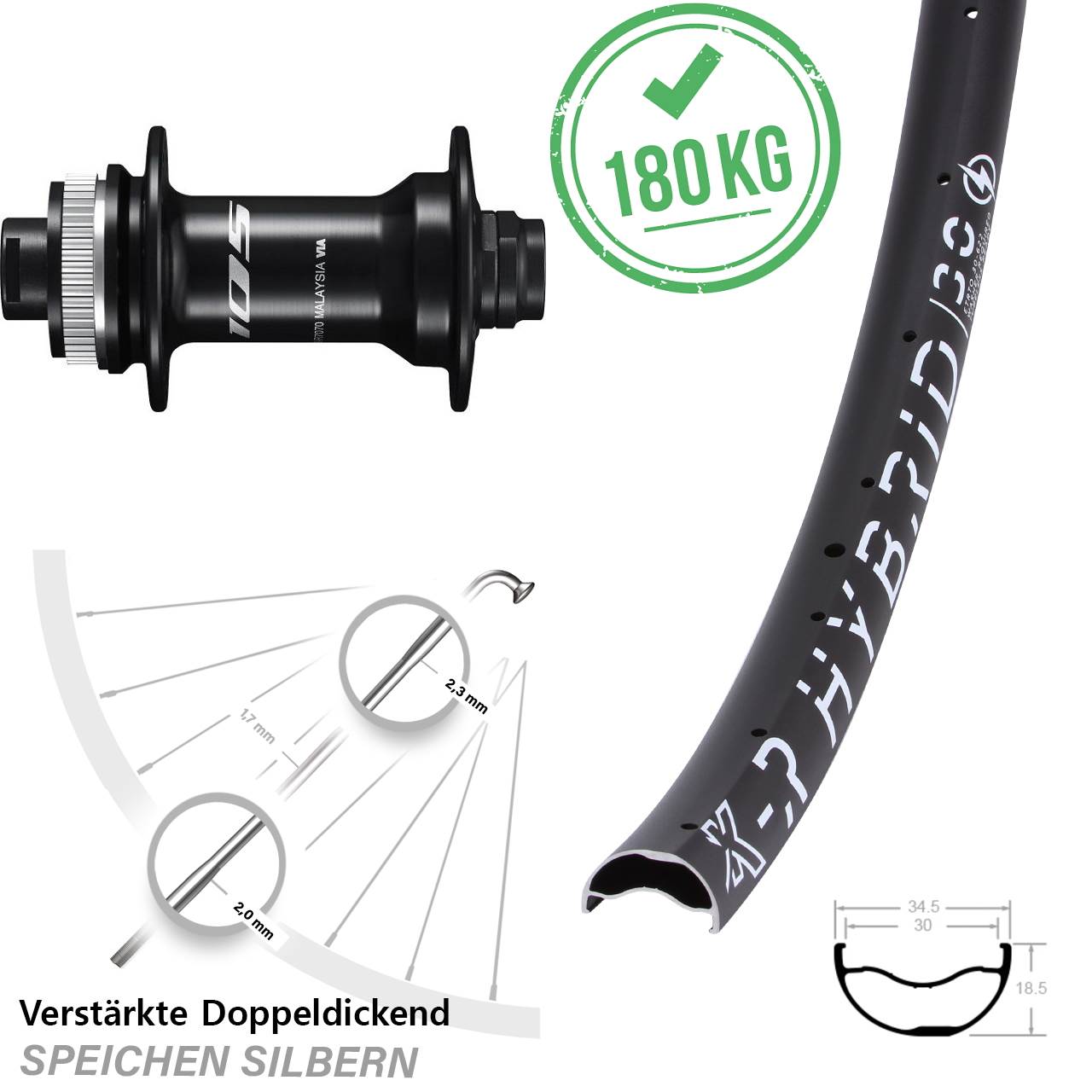29 Zoll KX-R Hybrid 30 Shimano HB-R7070 Disc Vorderrad 12x100