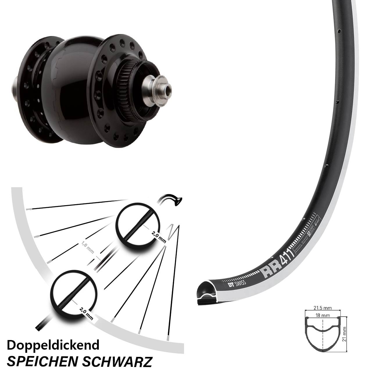 Son 28 Zoll DT Swiss RR 411 Dynamovorderrad schwarz