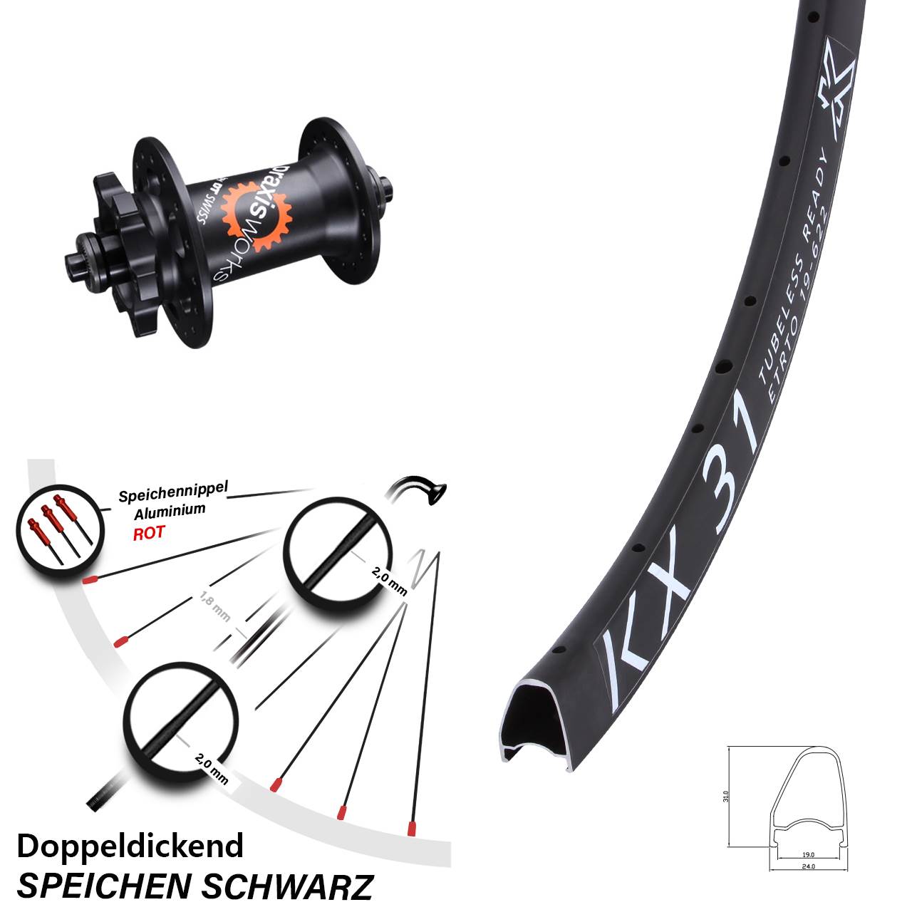 Vorderrad 6-Loch 28 Zoll KX 31 Offset DT Swiss 350 für Schnellspanner