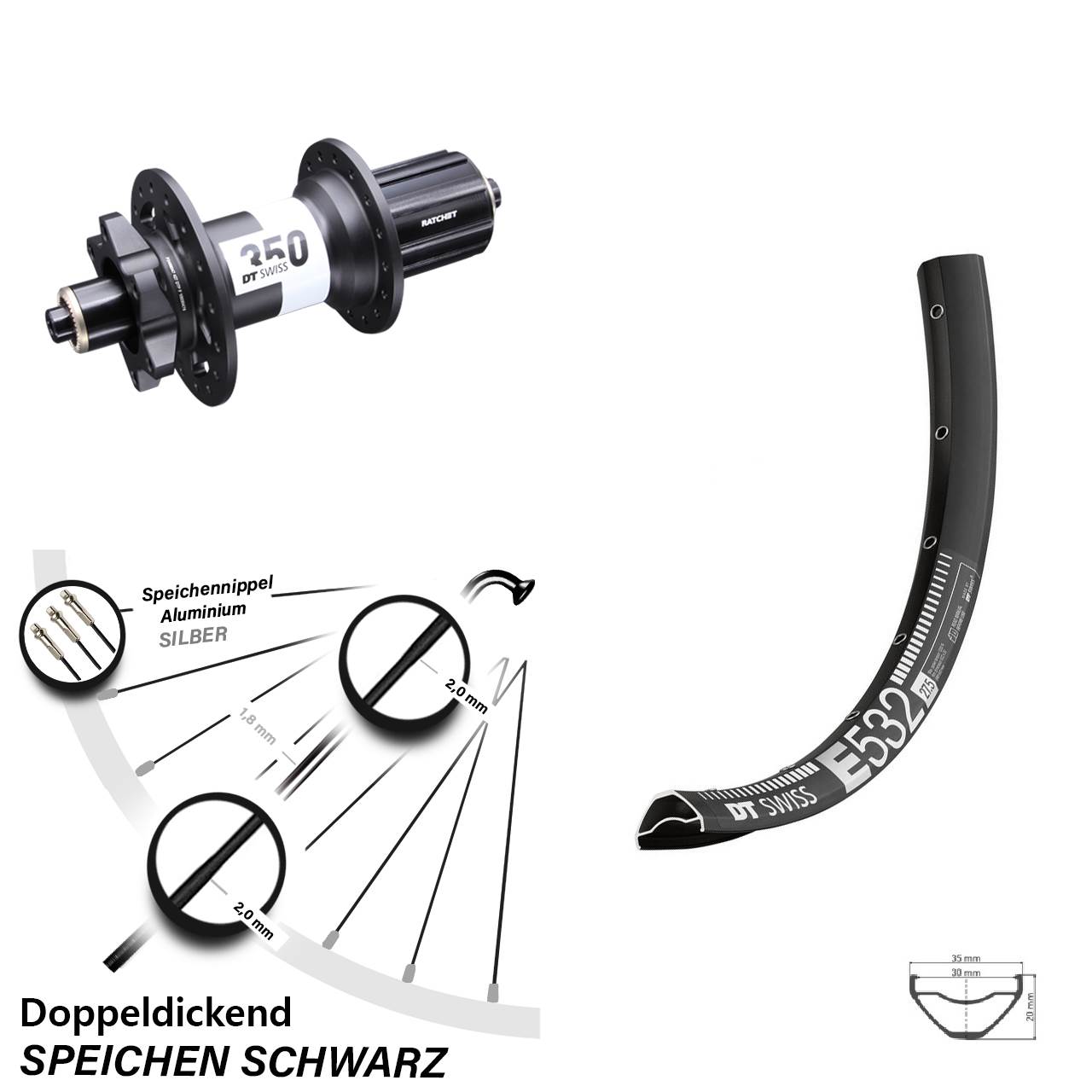 29 Zoll Hinterrad DT Swiss 350 11-fach und E 532 6-Loch