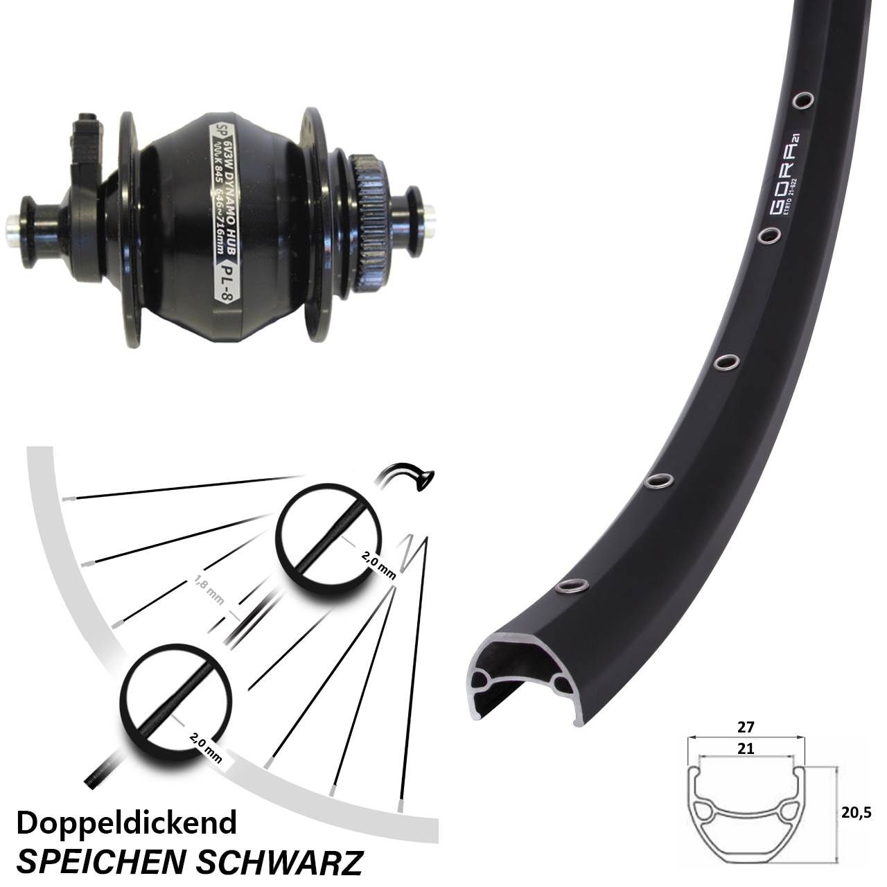 Nabendynamovorderrad Centerlock QR 28 Zoll Gora 21 Shutter Precision PL-8